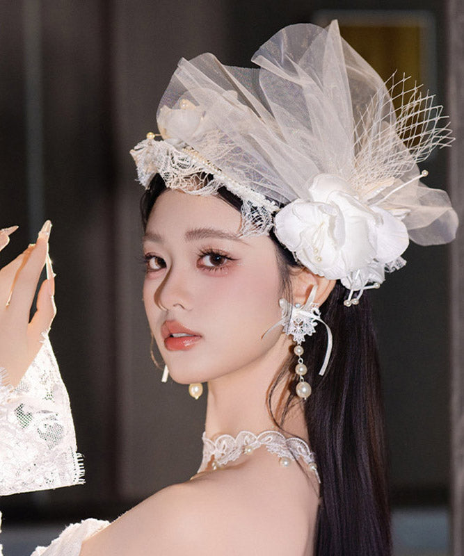 Fine White Tulle Patchwork Lace Pearl Floral HairPiece
