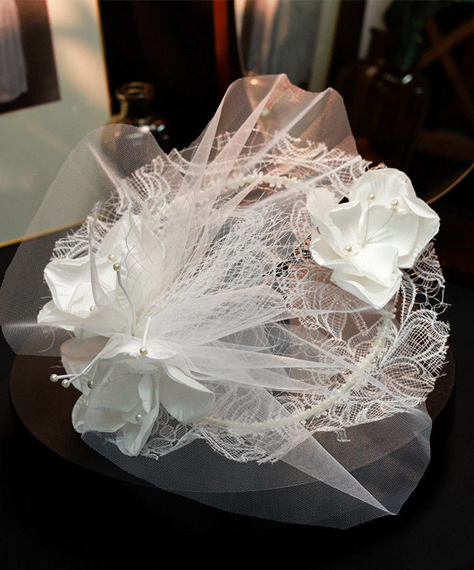 Fine White Tulle Patchwork Lace Pearl Floral HairPiece