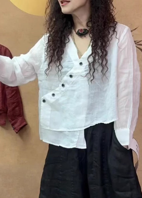 Fine White V Neck Asymmetrical Linen Blouse Tops Spring