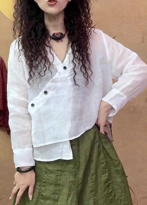 Fine White V Neck Asymmetrical Linen Blouse Tops Spring