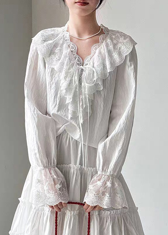 Fine White V Neck Lace Patchwork Shirts Flare Sleeve