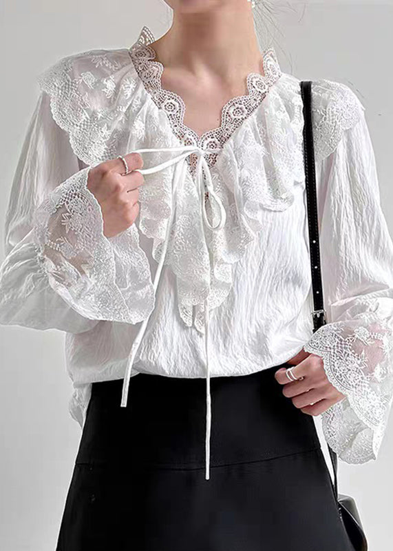 Fine White V Neck Lace Patchwork Shirts Flare Sleeve