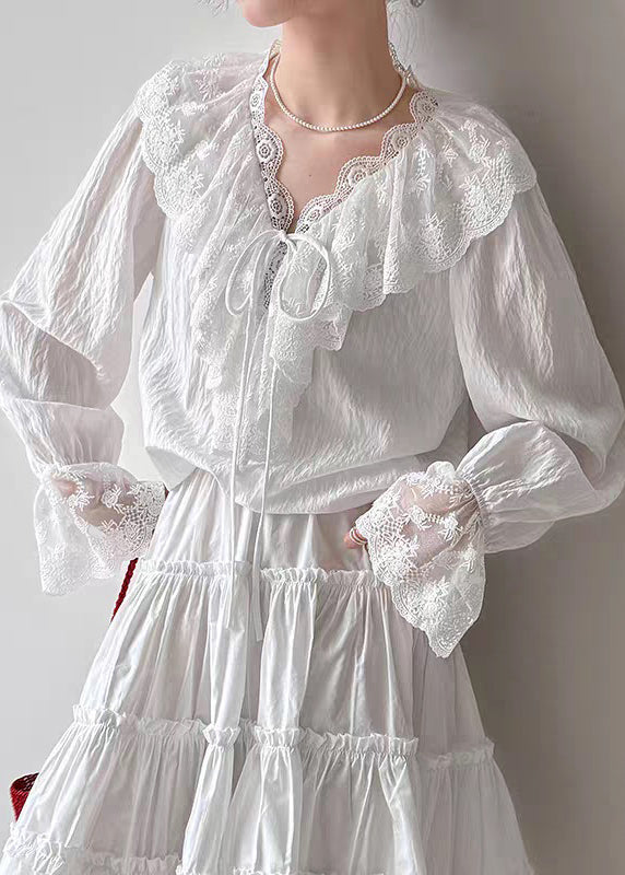 Fine White V Neck Lace Patchwork Shirts Flare Sleeve
