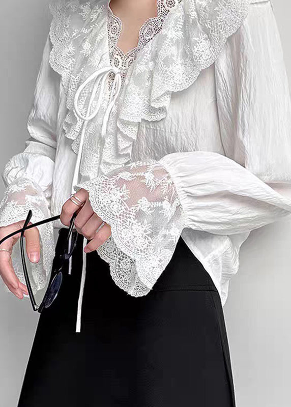 Fine White V Neck Lace Patchwork Shirts Flare Sleeve