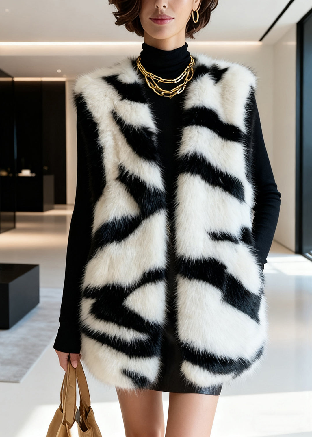 Fine White V Neck Pockets Fluffy Waistcoat Sleeveless