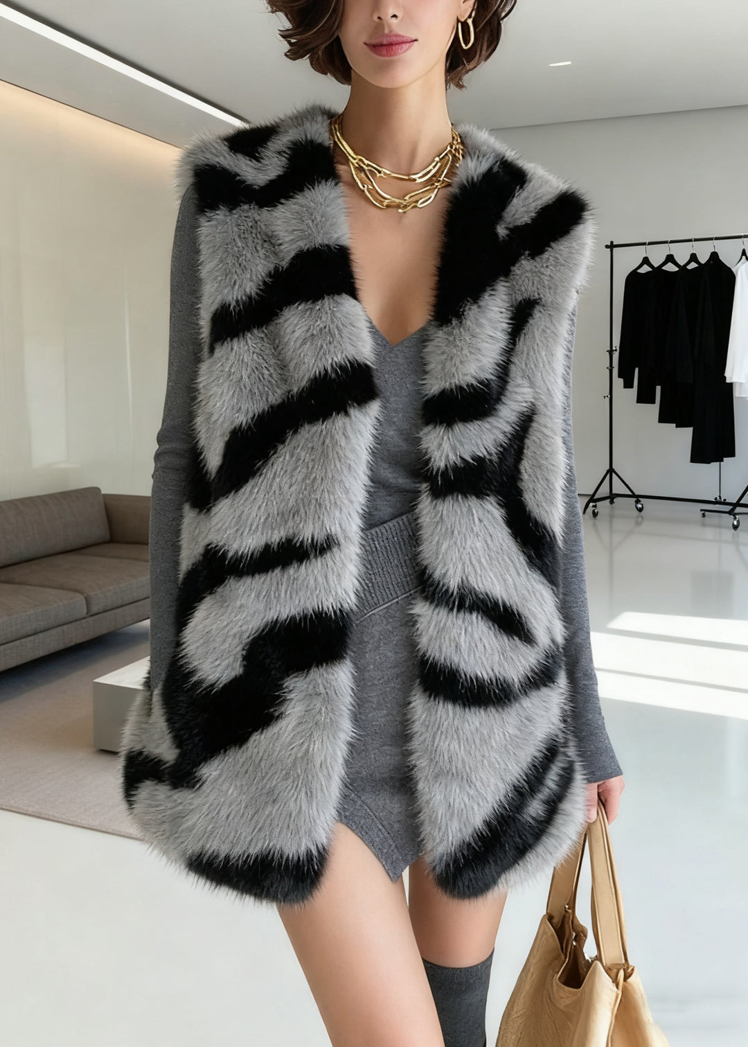 Fine White V Neck Pockets Fluffy Waistcoat Sleeveless