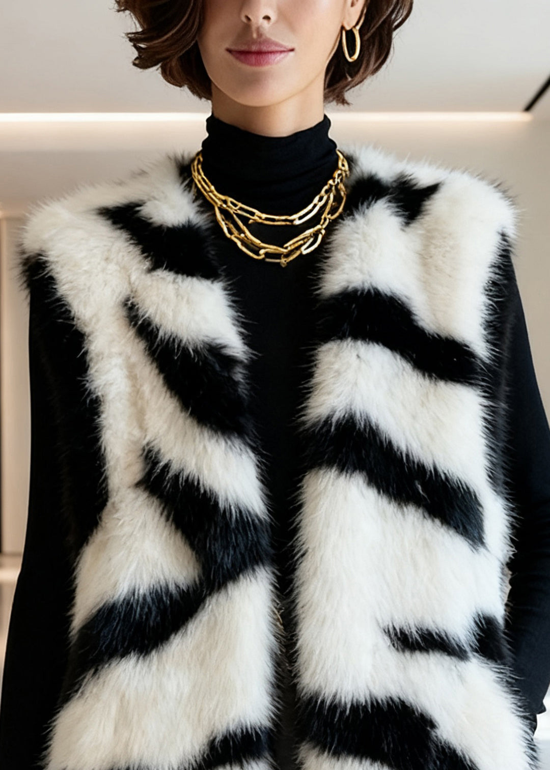 Fine White V Neck Pockets Fluffy Waistcoat Sleeveless