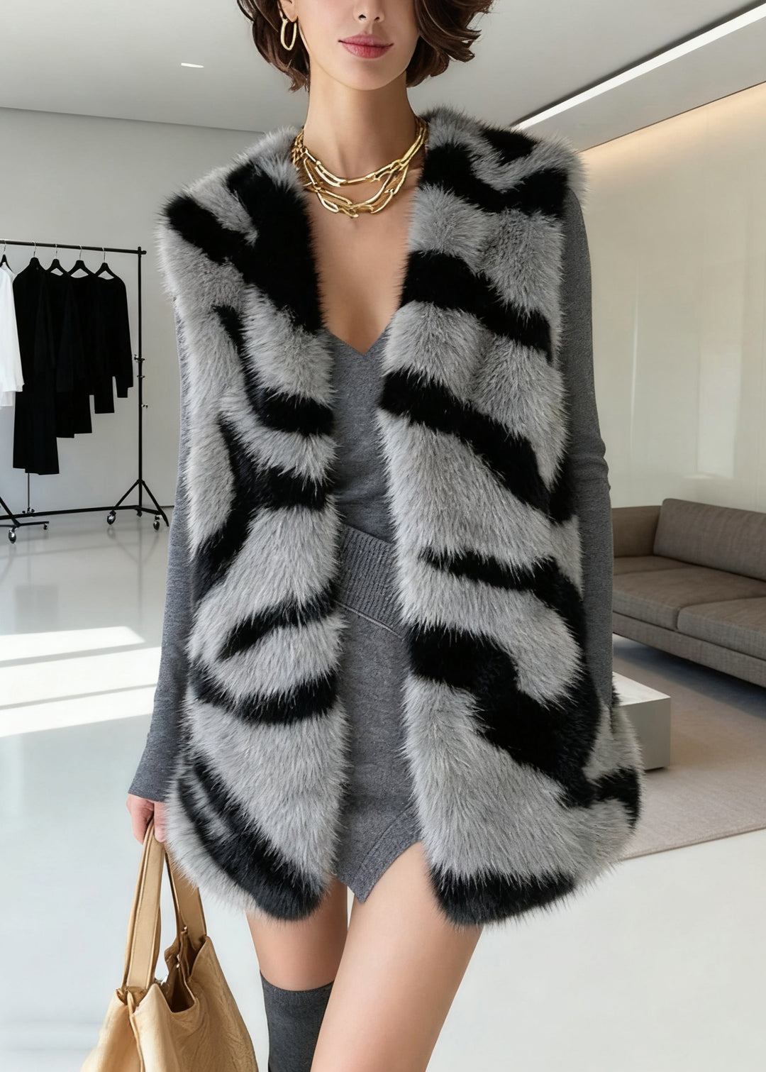 Fine White V Neck Pockets Fluffy Waistcoat Sleeveless