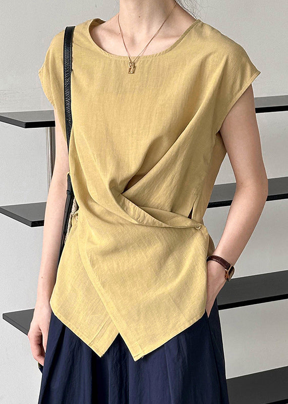 Fine Yellow Asymmetrical Solid Top Short Sleeve