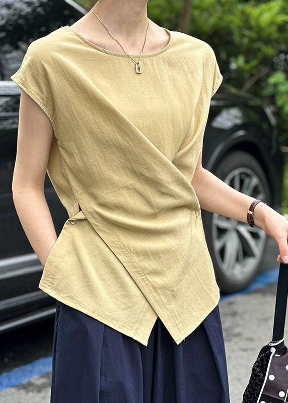 Fine Yellow Asymmetrical Solid Top Short Sleeve