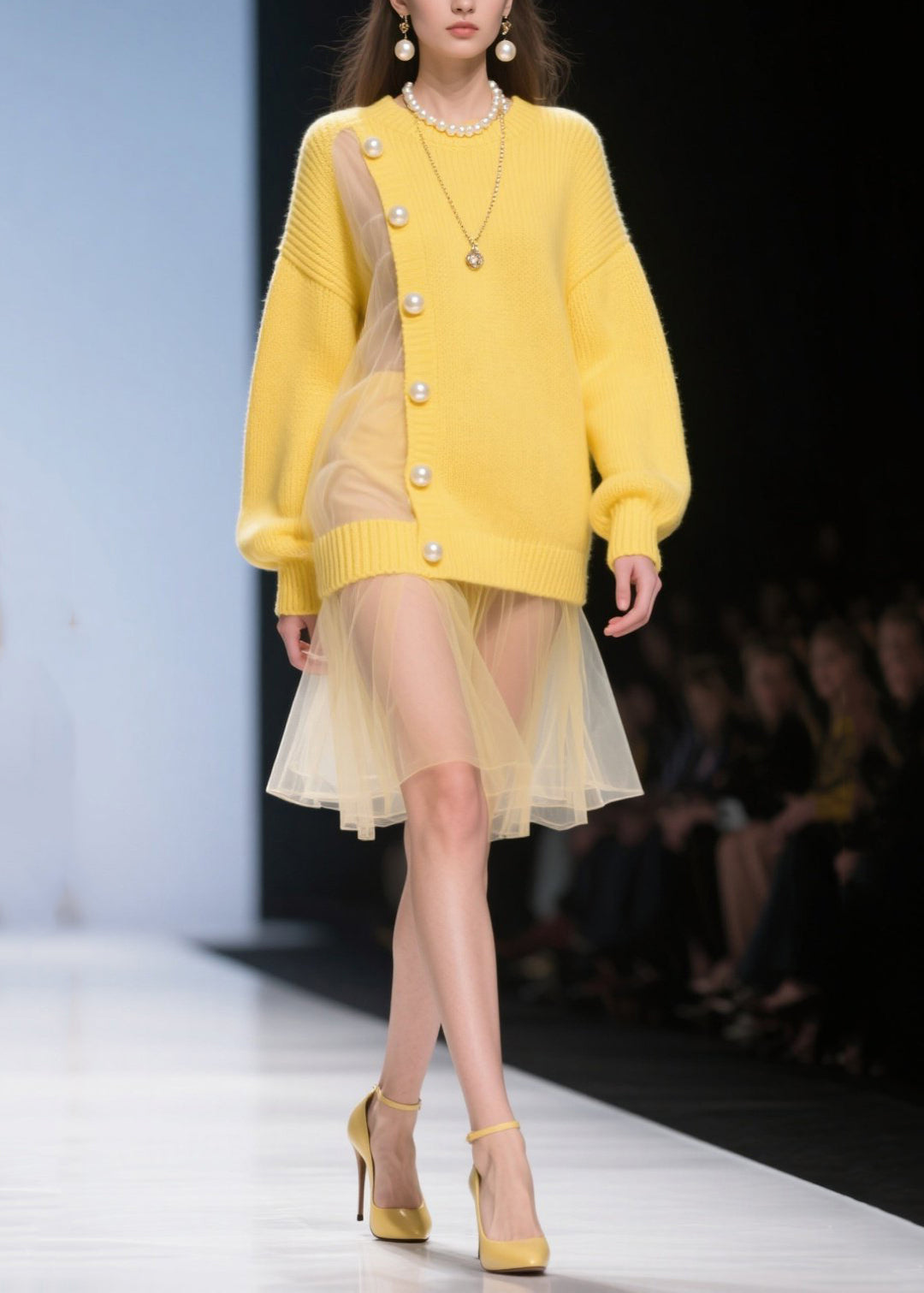Fine Yellow Big Pearl Patchwork Tulle Knitted Dress Winter