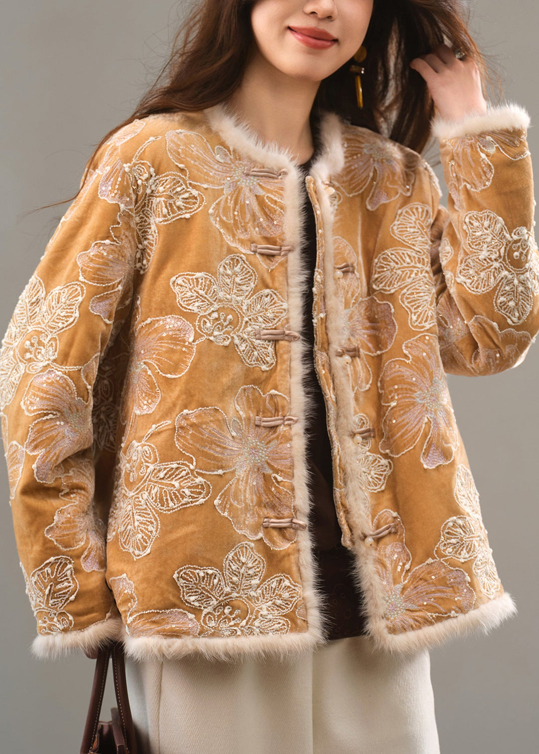 Fine Yellow Embroidered Chinese Button Duck Down Coat Winter