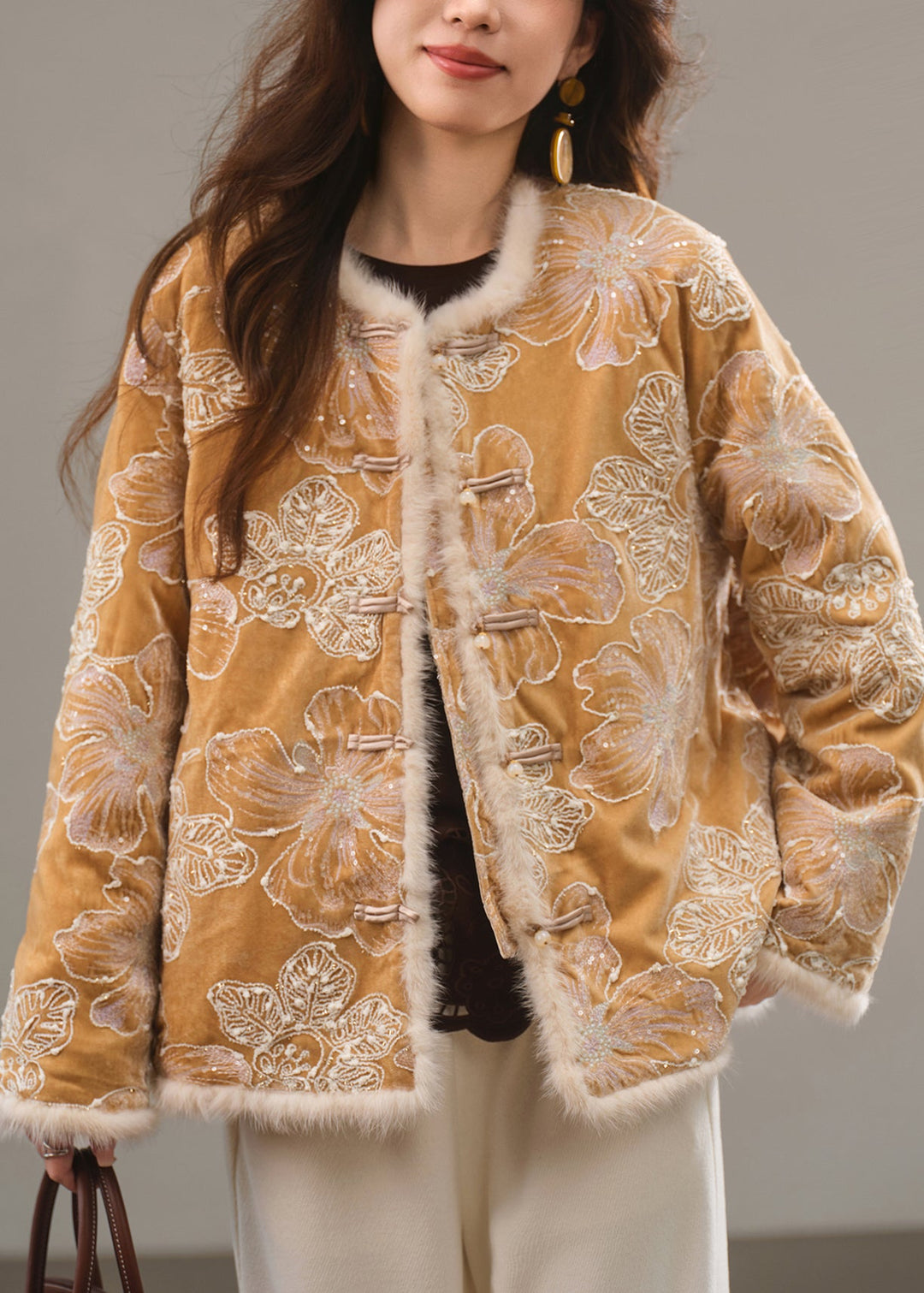 Fine Yellow Embroidered Chinese Button Duck Down Coat Winter