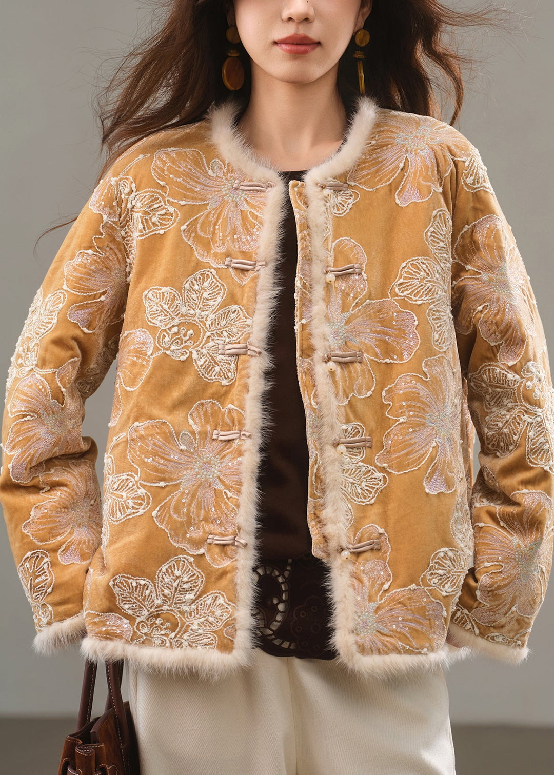 Fine Yellow Embroidered Chinese Button Duck Down Coat Winter