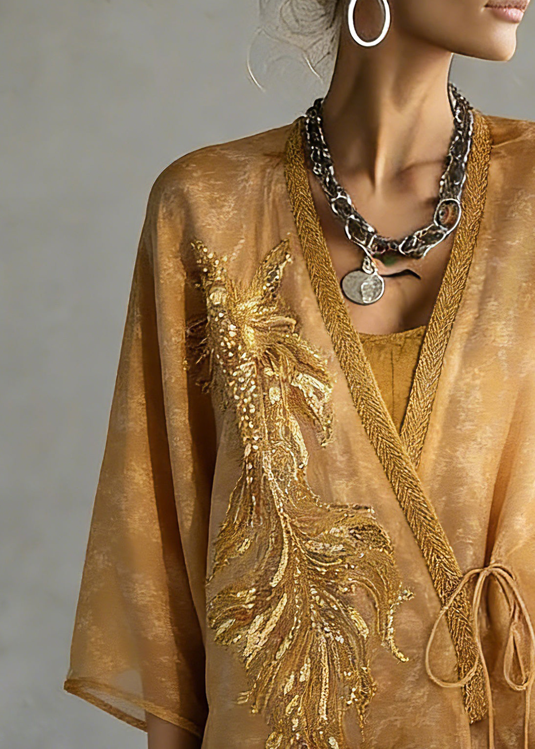 Fine Yellow Embroidered Tie Waist Silk Cardigans Three Quarter Sleeve Sleeve - Omychic