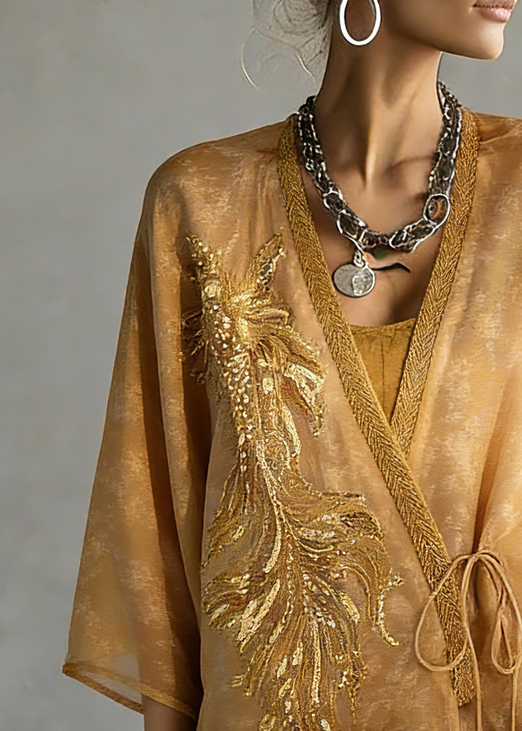 Fine Yellow Embroidered Tie Waist Silk Cardigans Three Quarter Sleeve Sleeve - Omychic