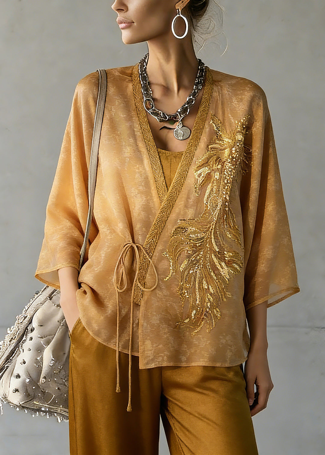 Fine Yellow Embroidered Tie Waist Silk Cardigans Three Quarter Sleeve Sleeve - Omychic