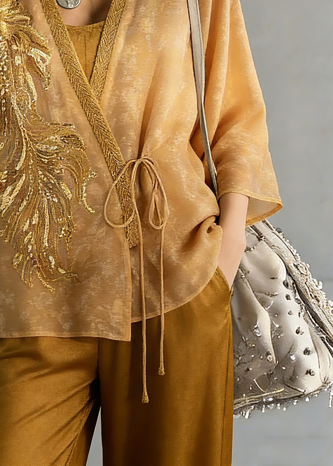 Fine Yellow Embroidered Tie Waist Silk Cardigans Three Quarter Sleeve Sleeve - Omychic