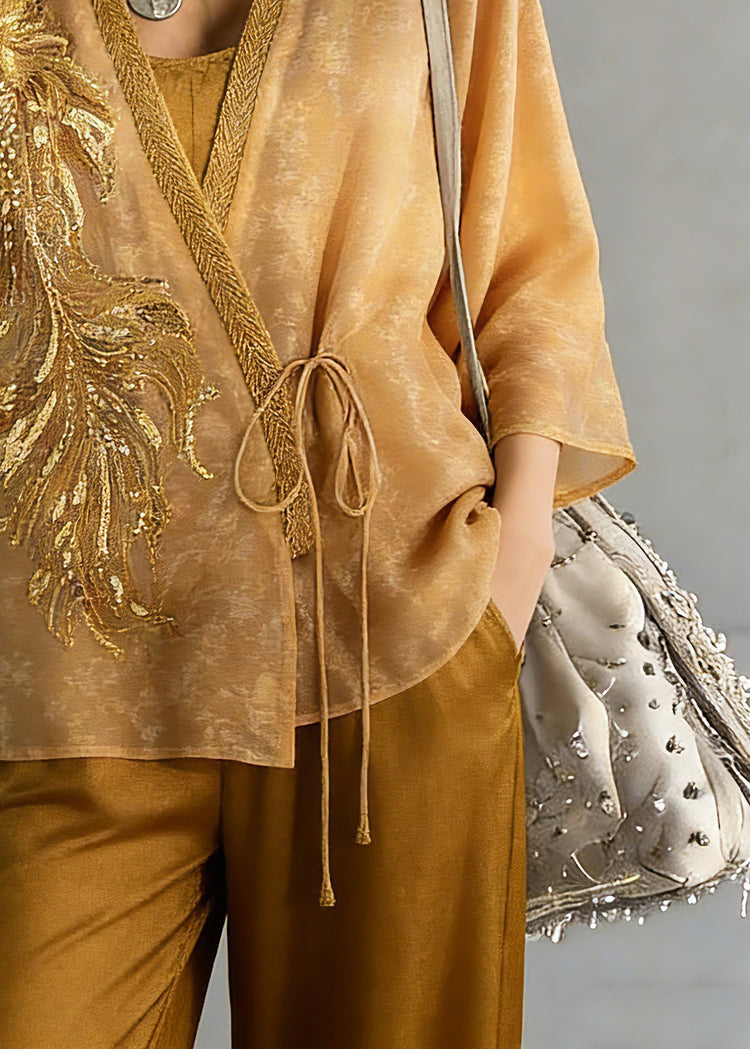 Fine Yellow Embroidered Tie Waist Silk Cardigans Three Quarter Sleeve Sleeve - Omychic