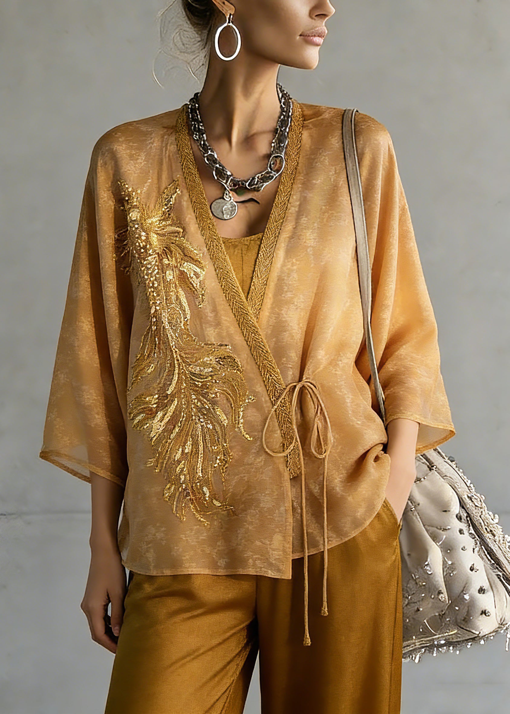 Fine Yellow Embroidered Tie Waist Silk Cardigans Three Quarter Sleeve Sleeve - Omychic