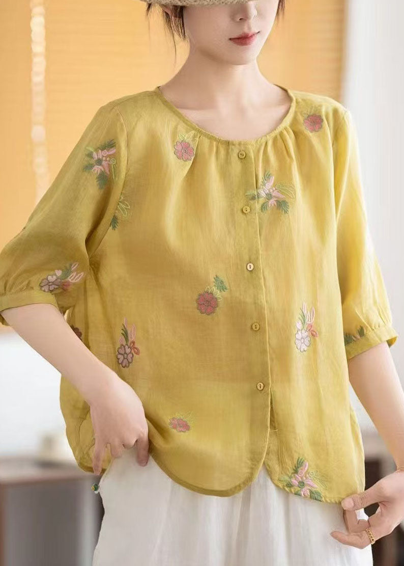 Fine Yellow O-Neck Embroidered Linen Tops Summer