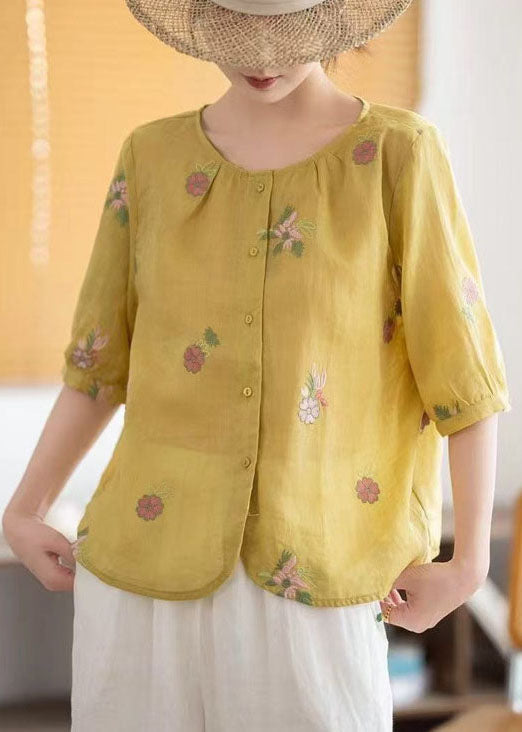 Fine Yellow O-Neck Embroidered Linen Tops Summer