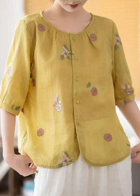 Fine Yellow O-Neck Embroidered Linen Tops Summer
