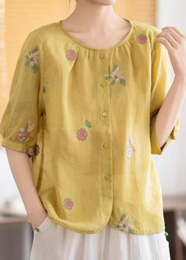Fine Yellow O-Neck Embroidered Linen Tops Summer