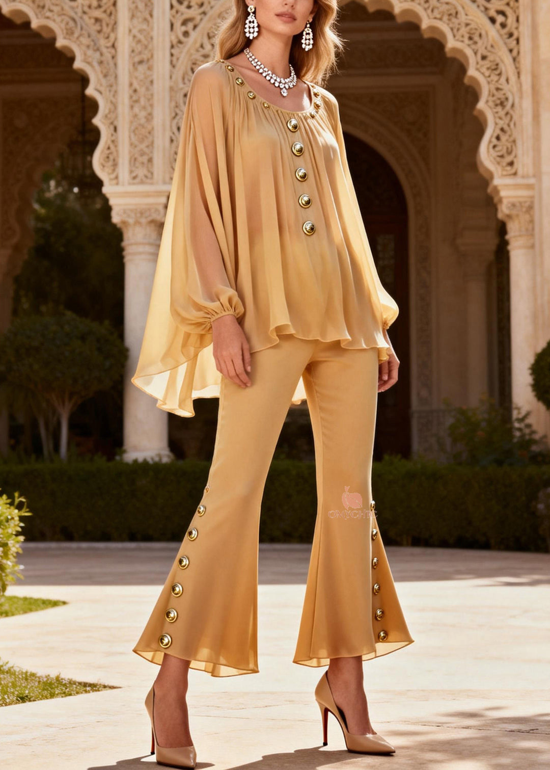 Fine Yellow O Neck Sequined Patchwork Silk Two Pieces Set Spring