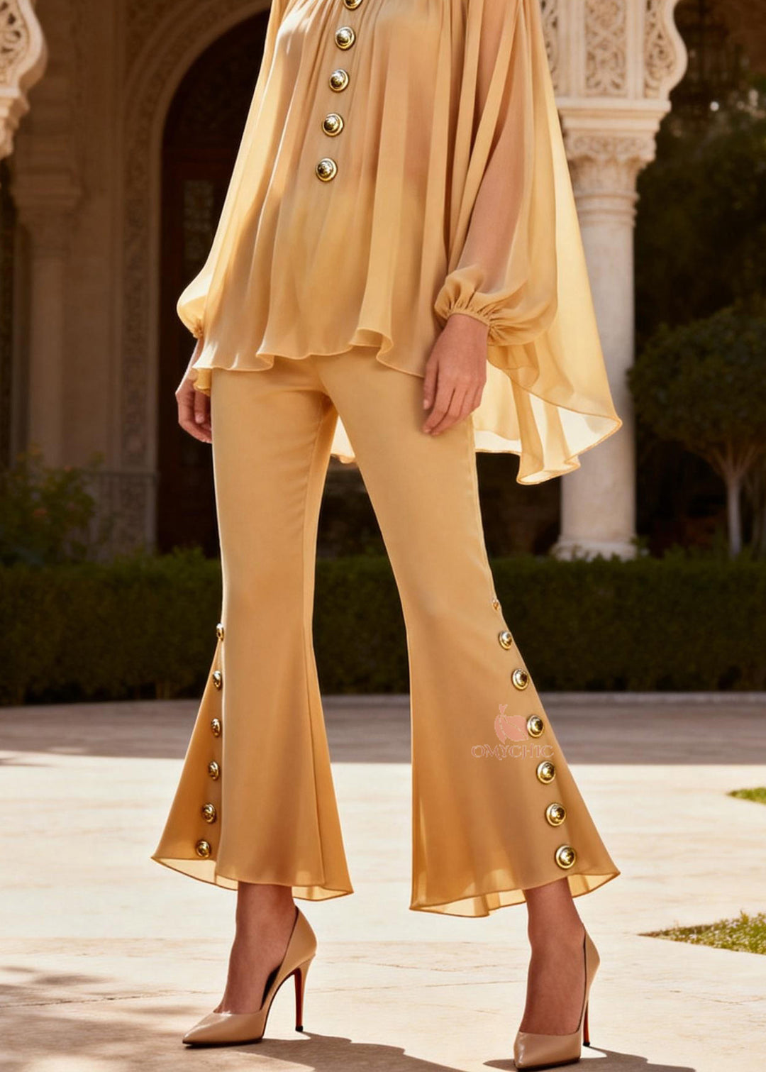 Fine Yellow O Neck Sequined Patchwork Silk Two Pieces Set Spring