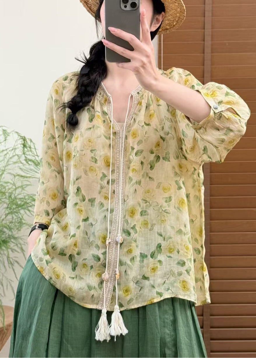 Fine Yellow Oversized Print Linen Shirts Bracelet Sleeve