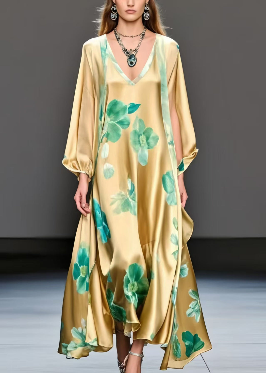 Fine Yellow Oversized Print Silk A Line Dress Spring