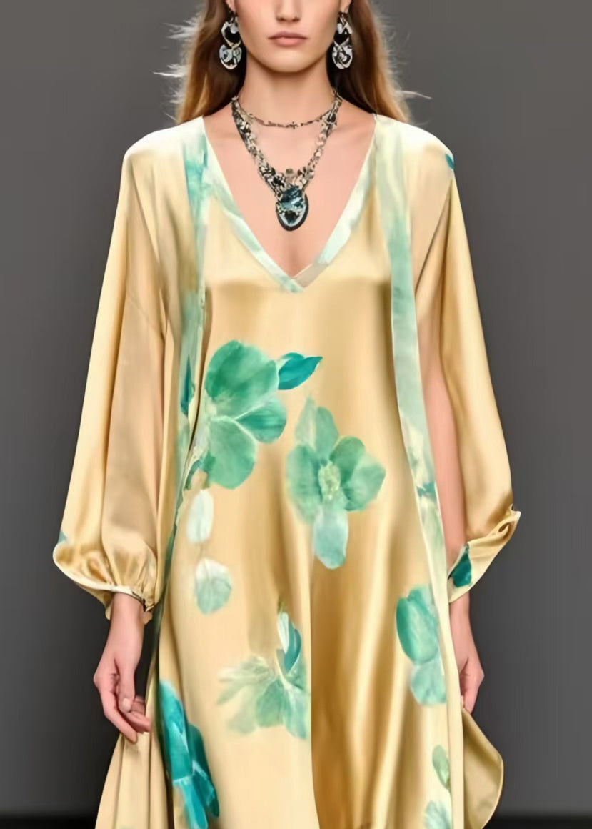 Fine Yellow Oversized Print Silk A Line Dress Spring