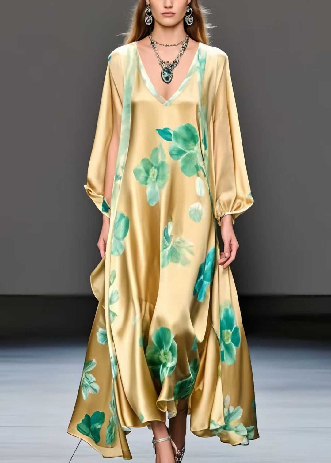 Fine Yellow Oversized Print Silk A Line Dress Spring