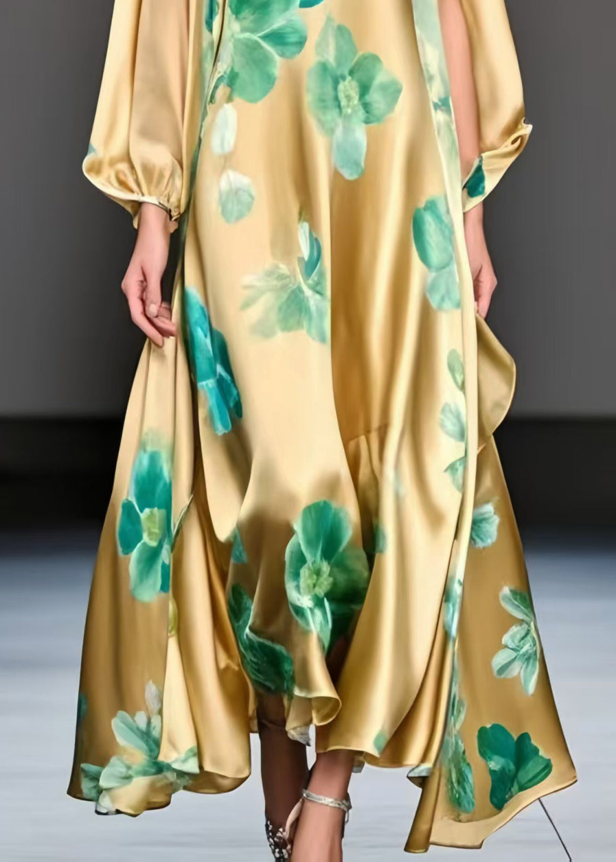 Fine Yellow Oversized Print Silk A Line Dress Spring