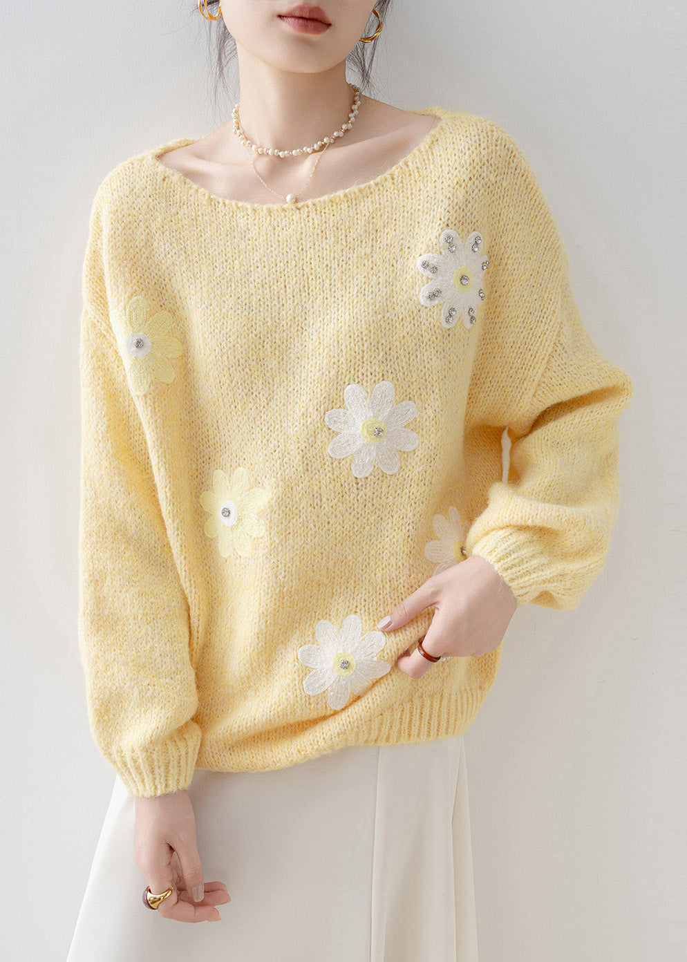 Fine Yellow Oversized Rhinestone Floral Knit Sweaters Winter