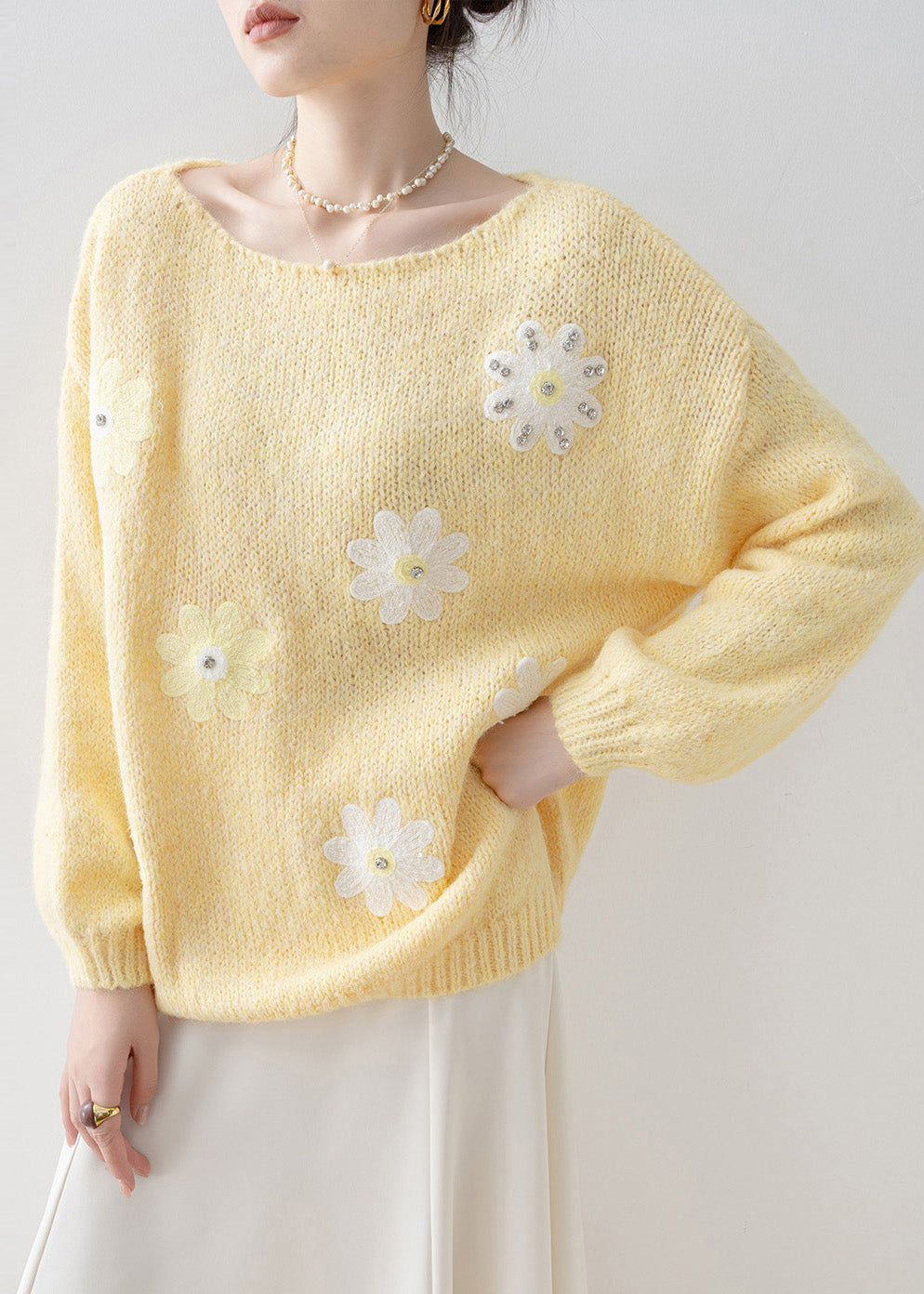 Fine Yellow Oversized Rhinestone Floral Knit Sweaters Winter