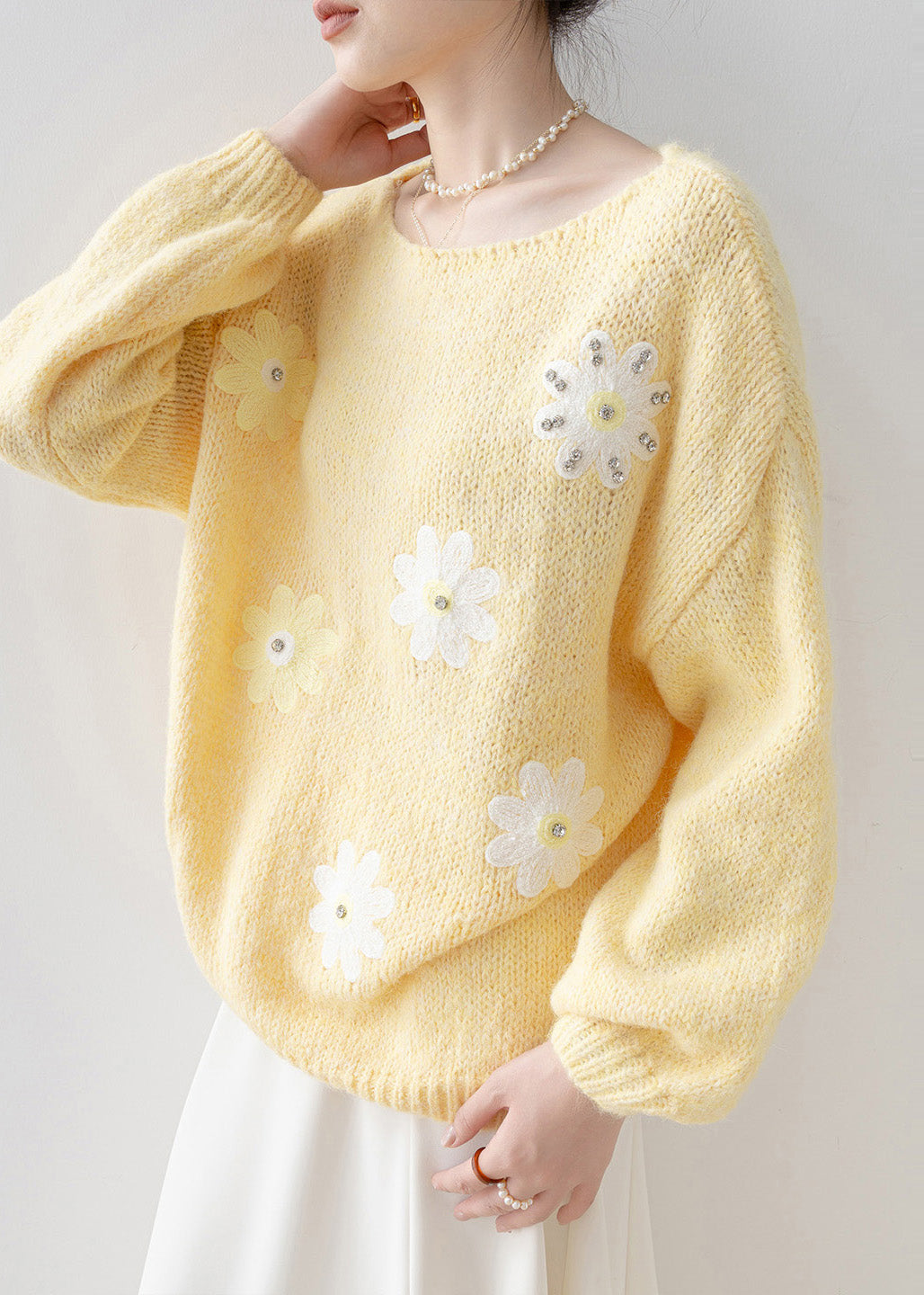 Fine Yellow Oversized Rhinestone Floral Knit Sweaters Winter