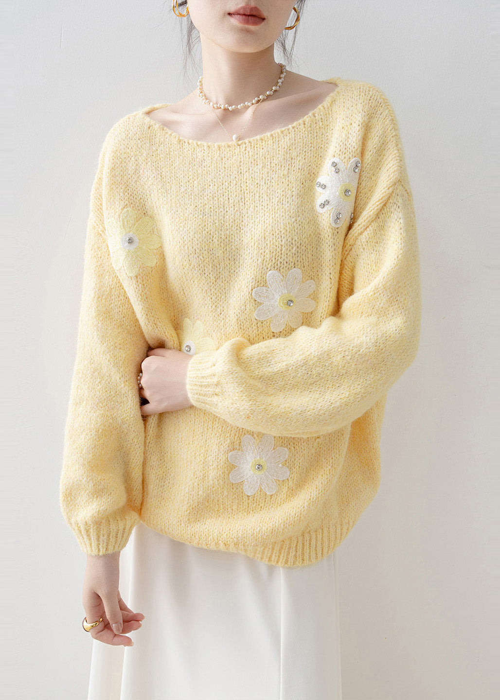 Fine Yellow Oversized Rhinestone Floral Knit Sweaters Winter
