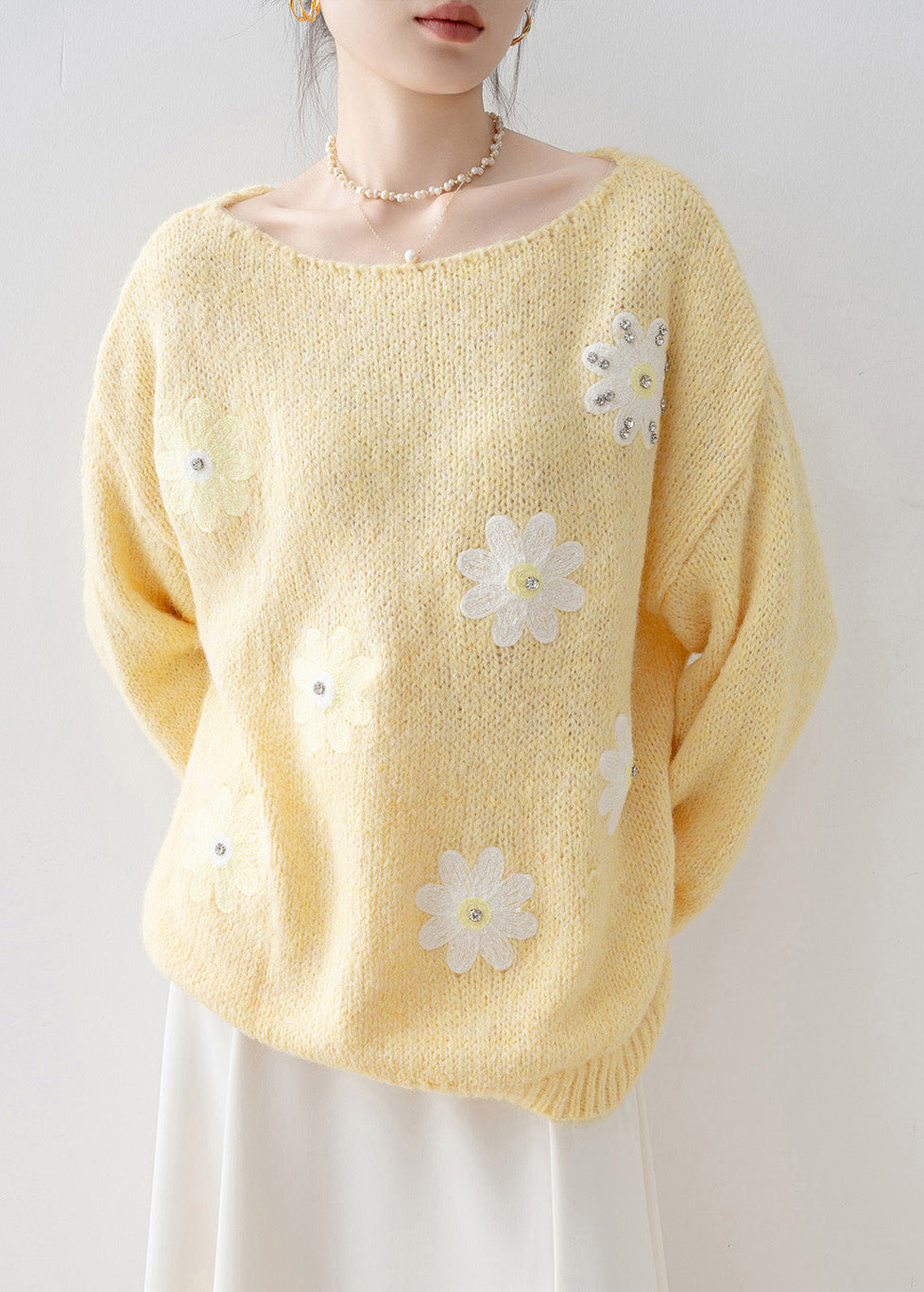 Fine Yellow Oversized Rhinestone Floral Knit Sweaters Winter