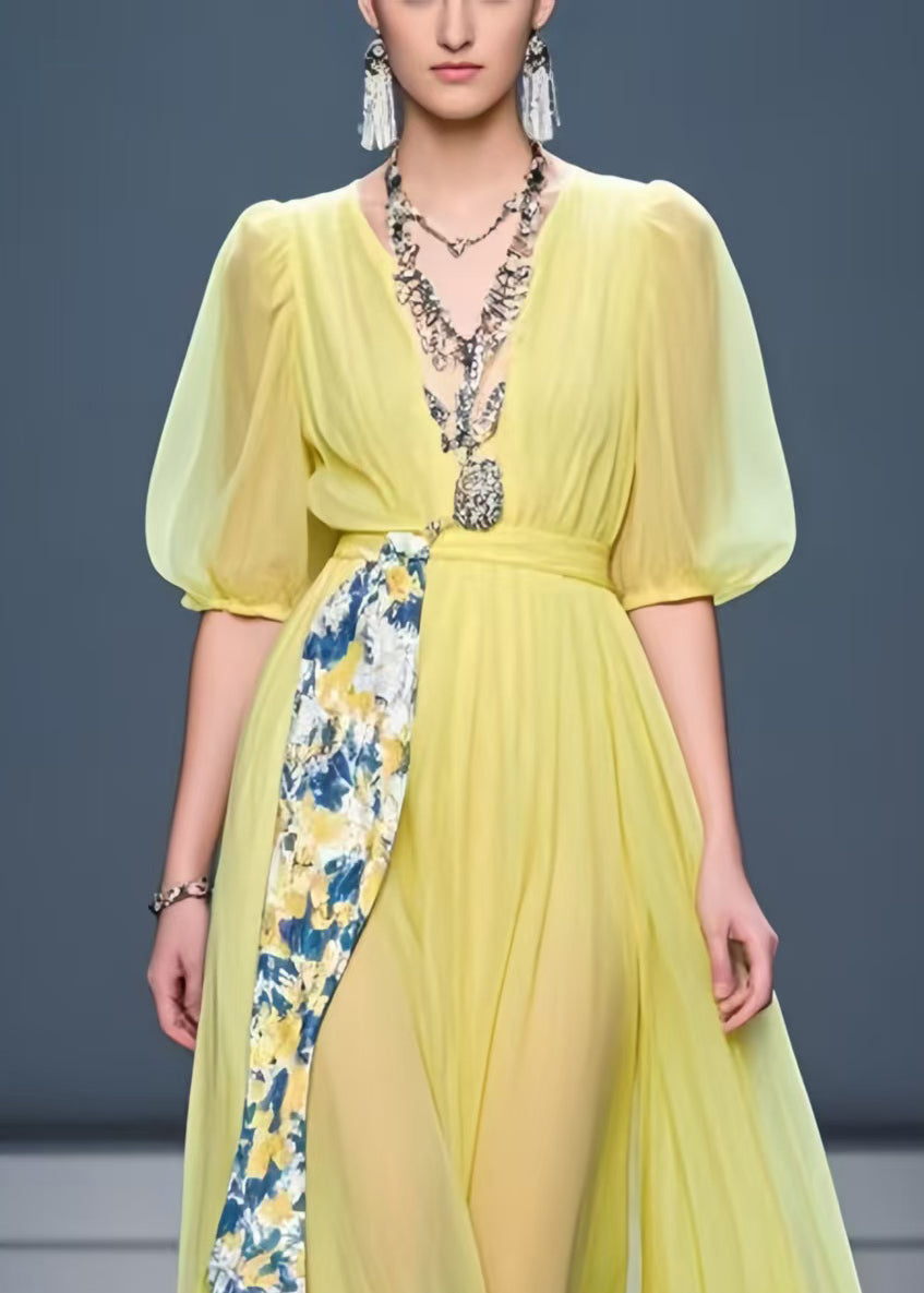 Fine Yellow Puff Sleeve Patchwork Chiffon Dress Summer