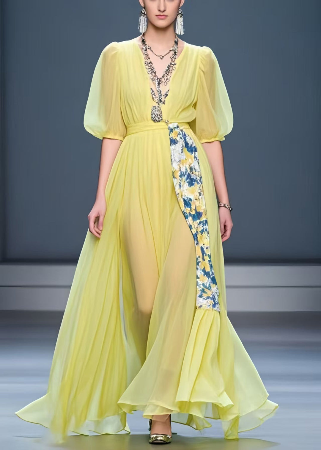 Fine Yellow Puff Sleeve Patchwork Chiffon Dress Summer