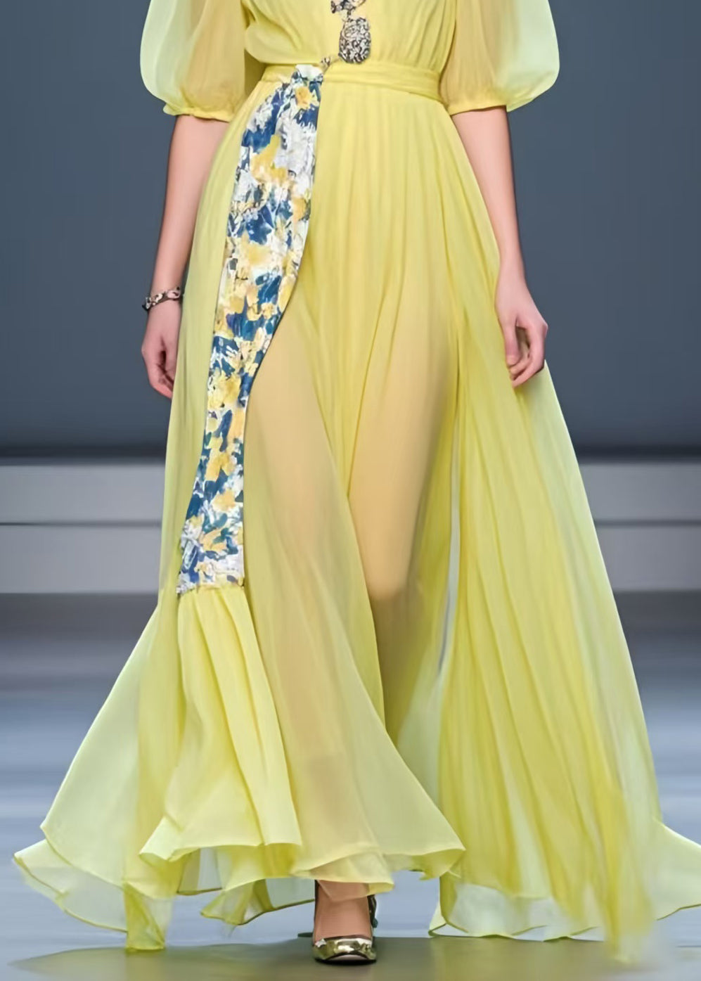 Fine Yellow Puff Sleeve Patchwork Chiffon Dress Summer