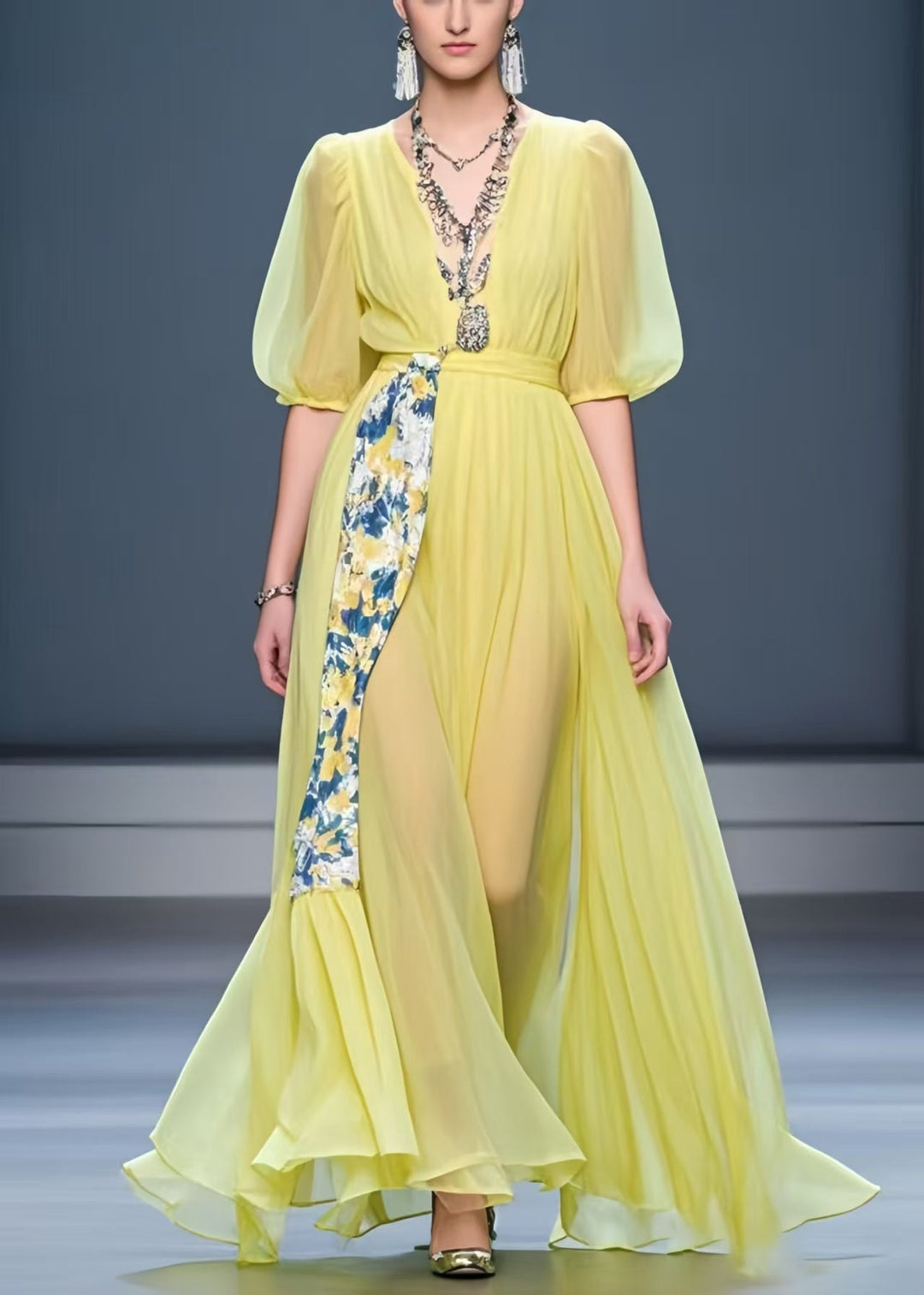 Fine Yellow Puff Sleeve Patchwork Chiffon Dress Summer