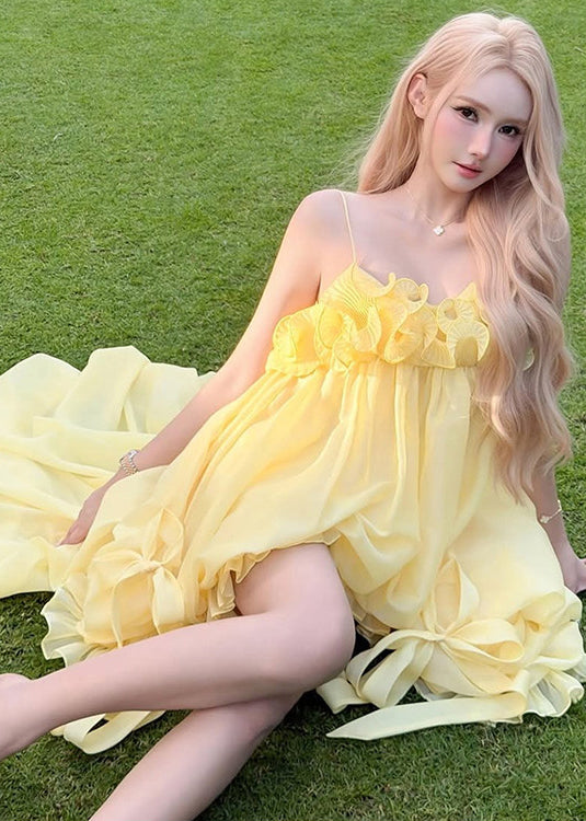 Fine Yellow Ruffled Low High Design Exra Large Hem Tulle Strapless Dress Summer