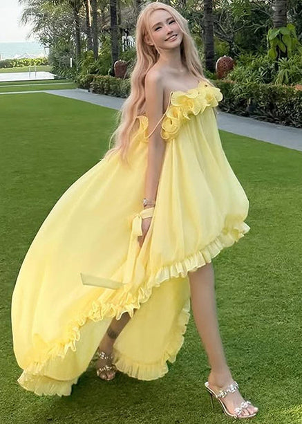 Fine Yellow Ruffled Low High Design Exra Large Hem Tulle Strapless Dress Summer