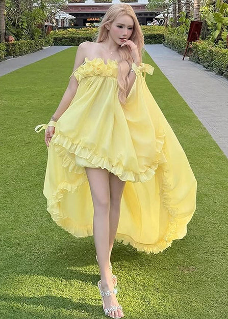 Fine Yellow Ruffled Low High Design Exra Large Hem Tulle Strapless Dress Summer