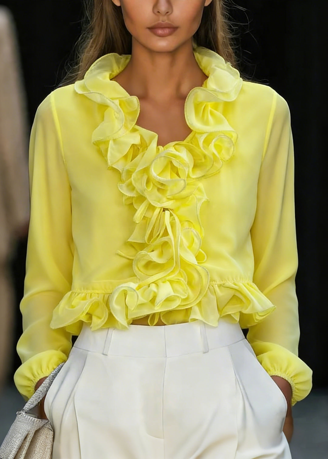 Fine Yellow Ruffled Patchwork Chiffon Top Spring - Omychic