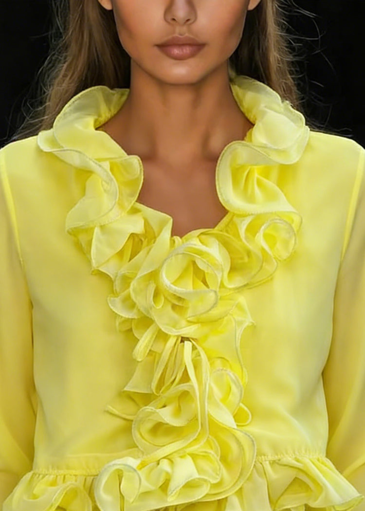 Fine Yellow Ruffled Patchwork Chiffon Top Spring - Omychic