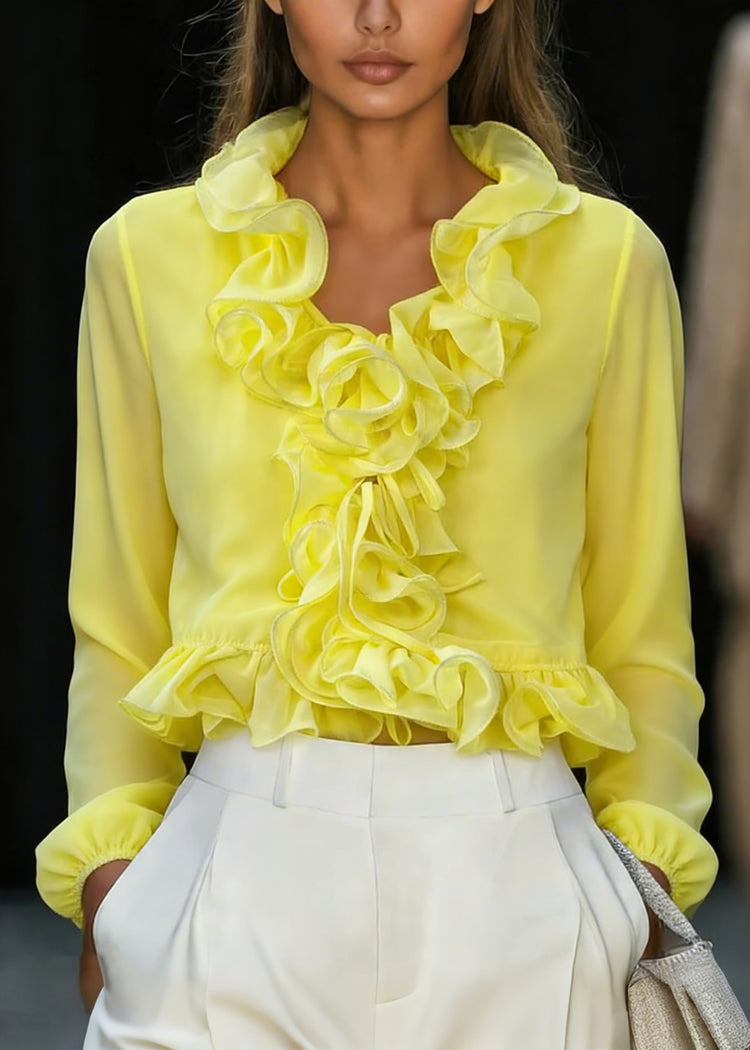 Fine Yellow Ruffled Patchwork Chiffon Top Spring - Omychic